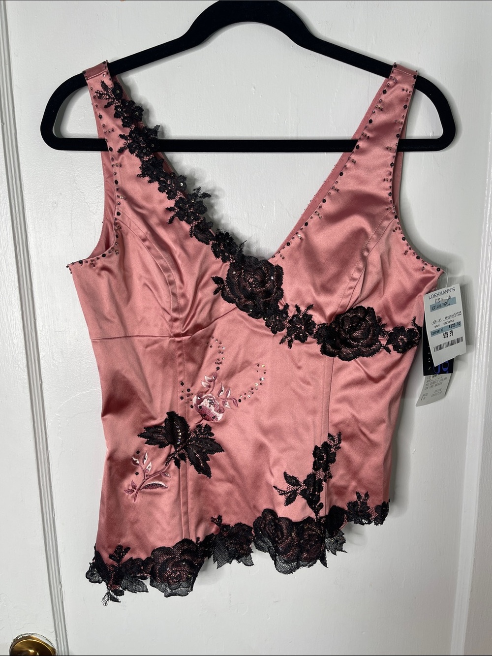 Adrianna Papell Evening Tank Top 10 Rose Pink Black Lace Y2K 2000s Beaded Sequin